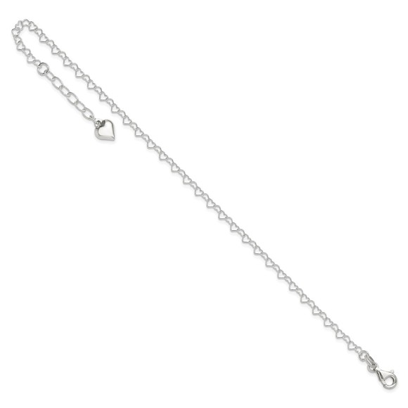 925 Sterling Silver Polished Puffed Heart Charm 9" + 1" ext. Fine Jewelry Anklet - Picture 7 of 7